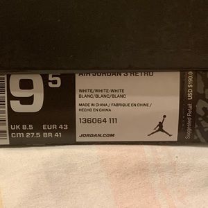 Air Jordan 3 Retro Mid, Triple White, Size 9..5